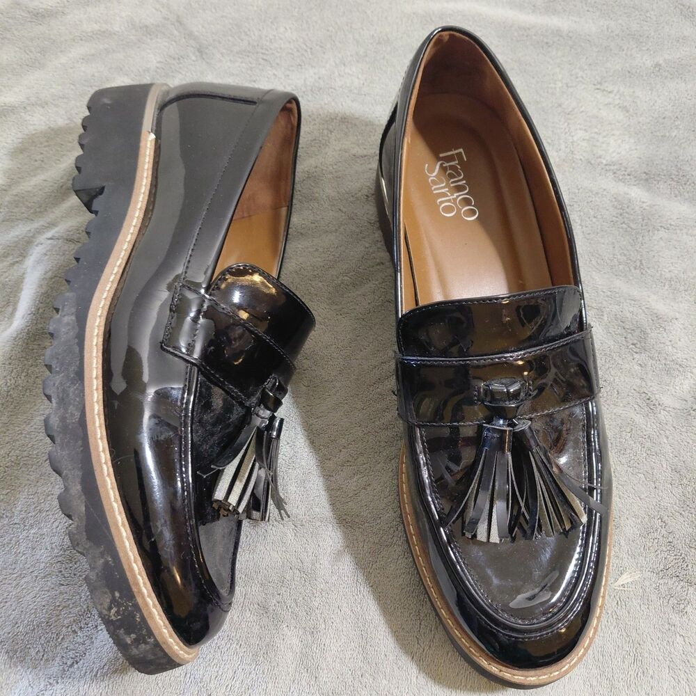 Franco Sarto Carolynn Tassel Loafers Womens 10M Patent Black Almond Toe Slip On